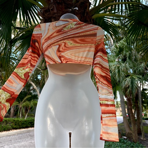 Blanc Mesh Copper Brown Swirl Top Size S 4 Crop Mock Neck Artsy Abstract Quartz - Picture 9 of 14